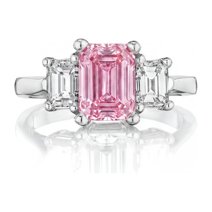 2.5 Carat Emerald Pink Lab Grown Diamond and White Diamond Three Stone Ring 14K White Gold