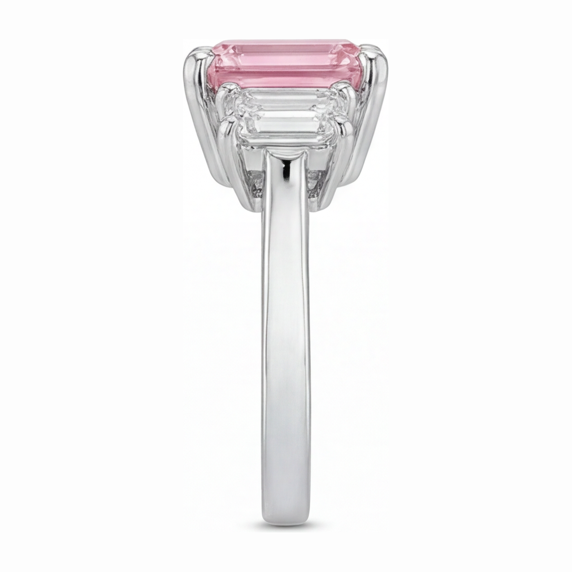 2.5 Carat Emerald Pink Lab Grown Diamond and White Diamond Three Stone Ring 14K White Gold