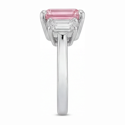 2.5 Carat Emerald Pink Lab Grown Diamond and White Diamond Three Stone Ring 14K White Gold