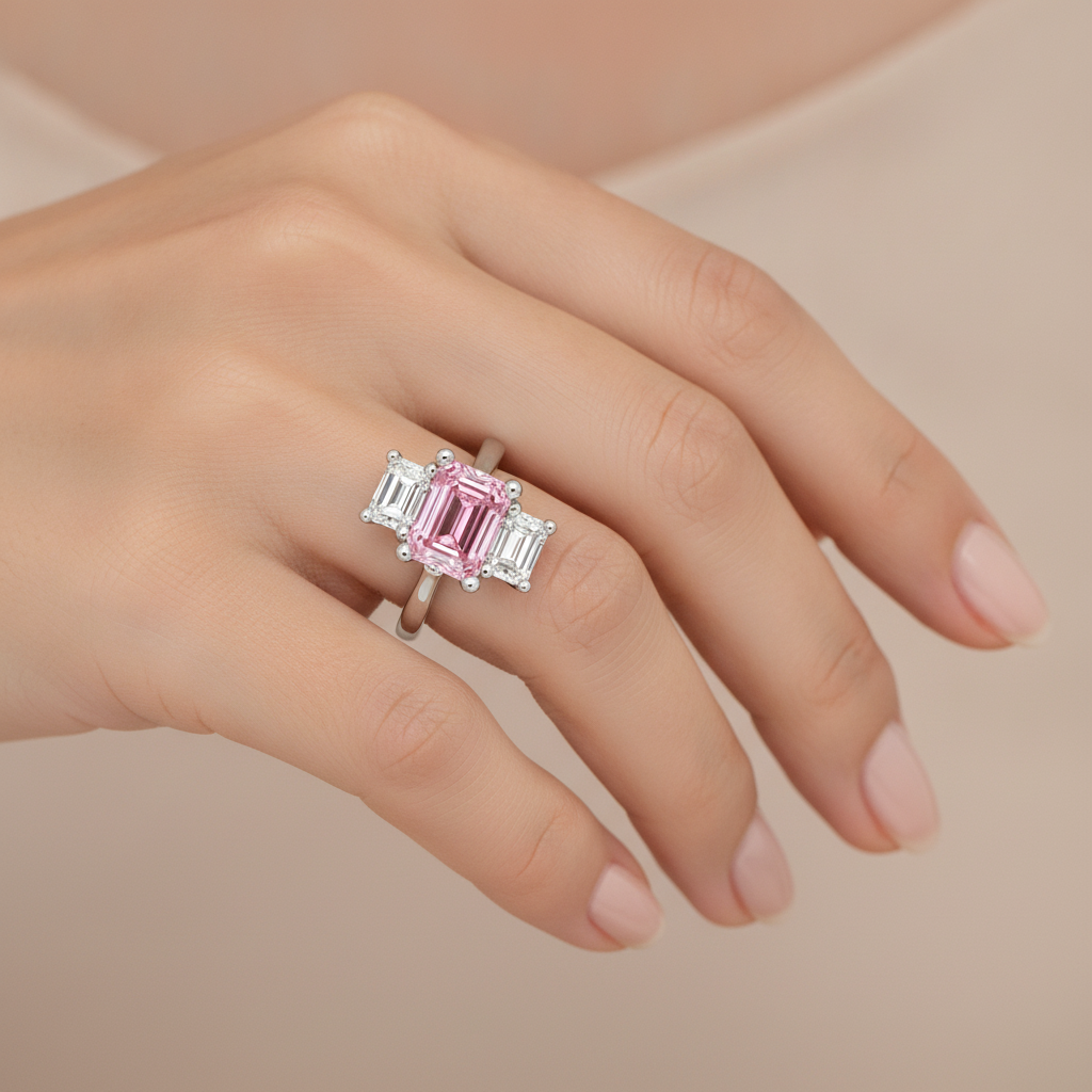 2.5 Carat Emerald Pink Lab Grown Diamond and White Diamond Three Stone Ring 14K White Gold worn