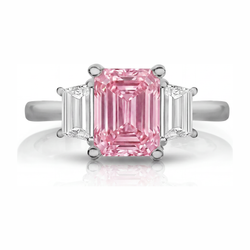 2.5 Carat Emerald Pink Lab Grown Diamond and White Diamond Three Stone Ring 14K White Gold