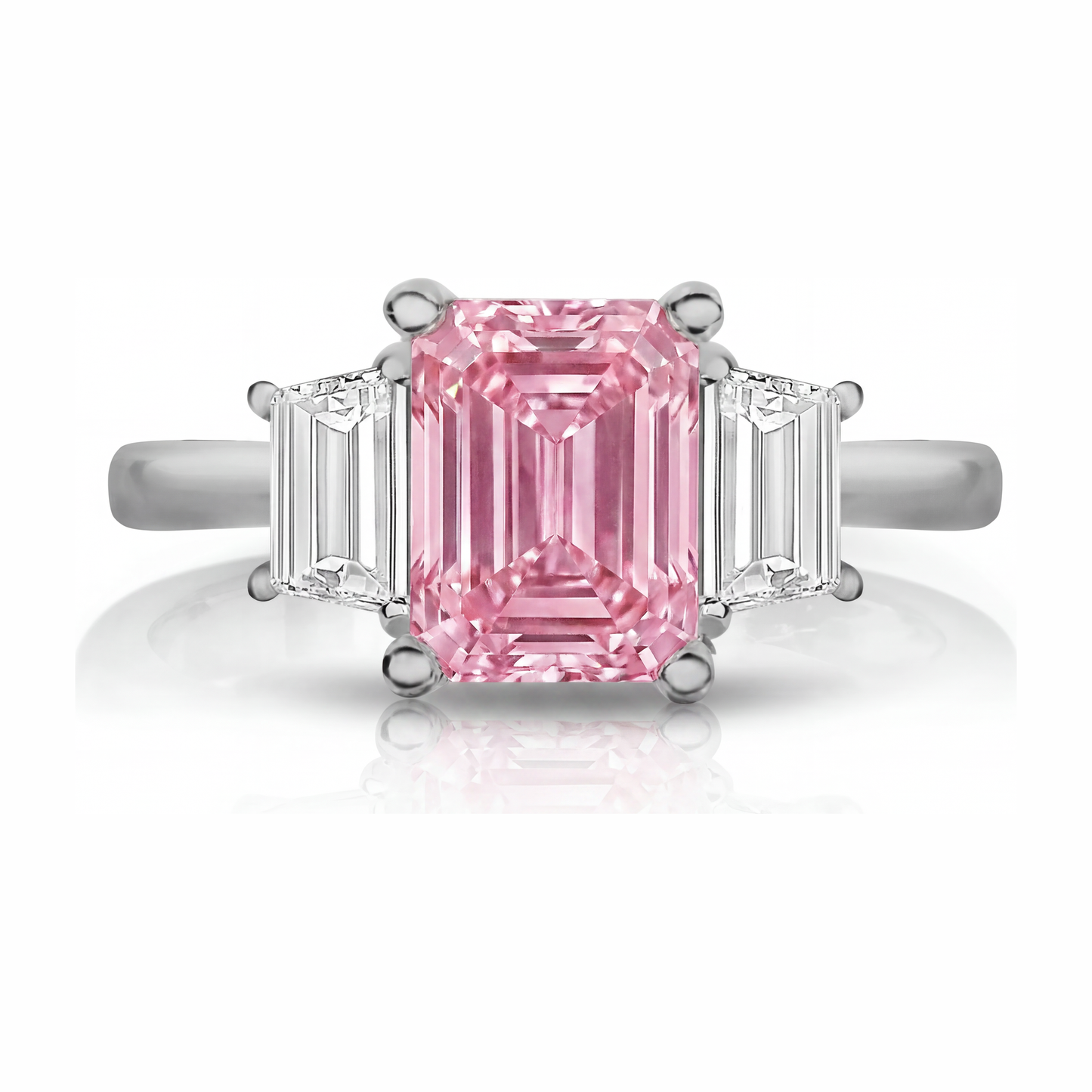 2.5 Carat Emerald Pink Lab Grown Diamond and White Diamond Three Stone Ring 14K White Gold