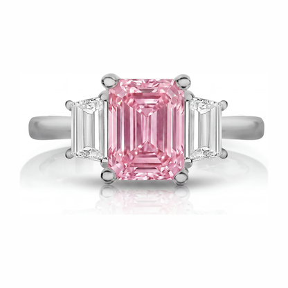 2.5 Carat Emerald Pink Lab Grown Diamond and White Diamond Three Stone Ring 14K White Gold