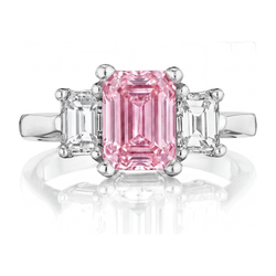 2.5 Carat Emerald Pink Lab Grown Diamond and White Diamond Three Stone Ring 14K White Gold