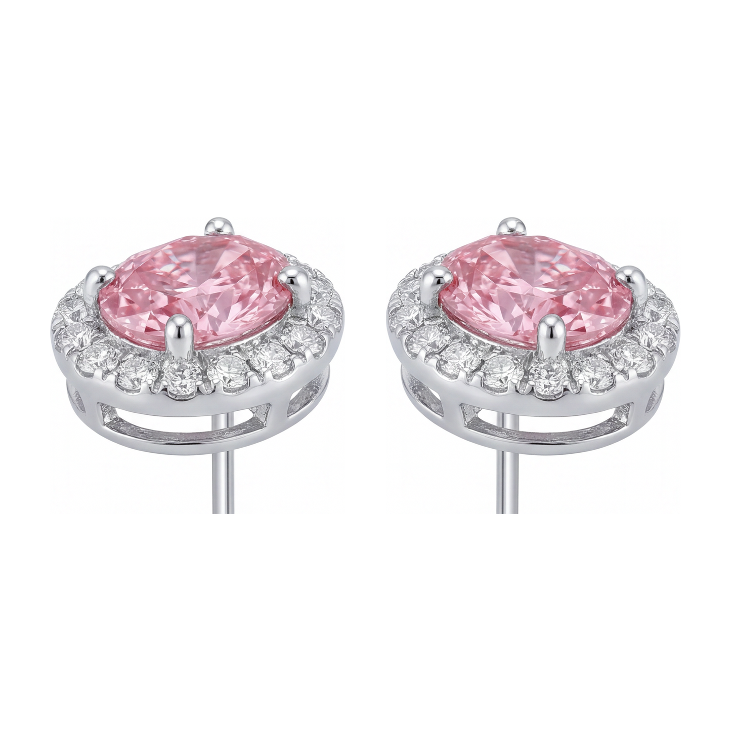 2.5 Carat Oval Pink Lab Grown Diamond and White Diamond Halo Earrings 14K White Gold