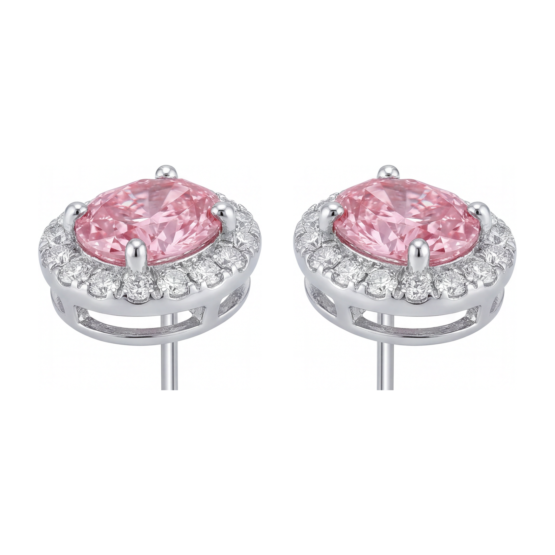 2.5 Carat Oval Pink Lab Grown Diamond and White Diamond Halo Earrings 14K White Gold