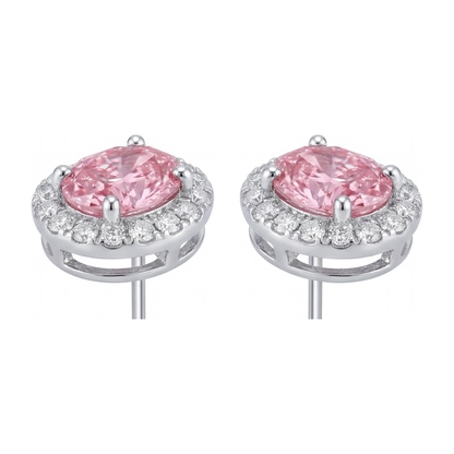 2.5 Carat Oval Pink Lab Grown Diamond and White Diamond Halo Earrings 14K White Gold