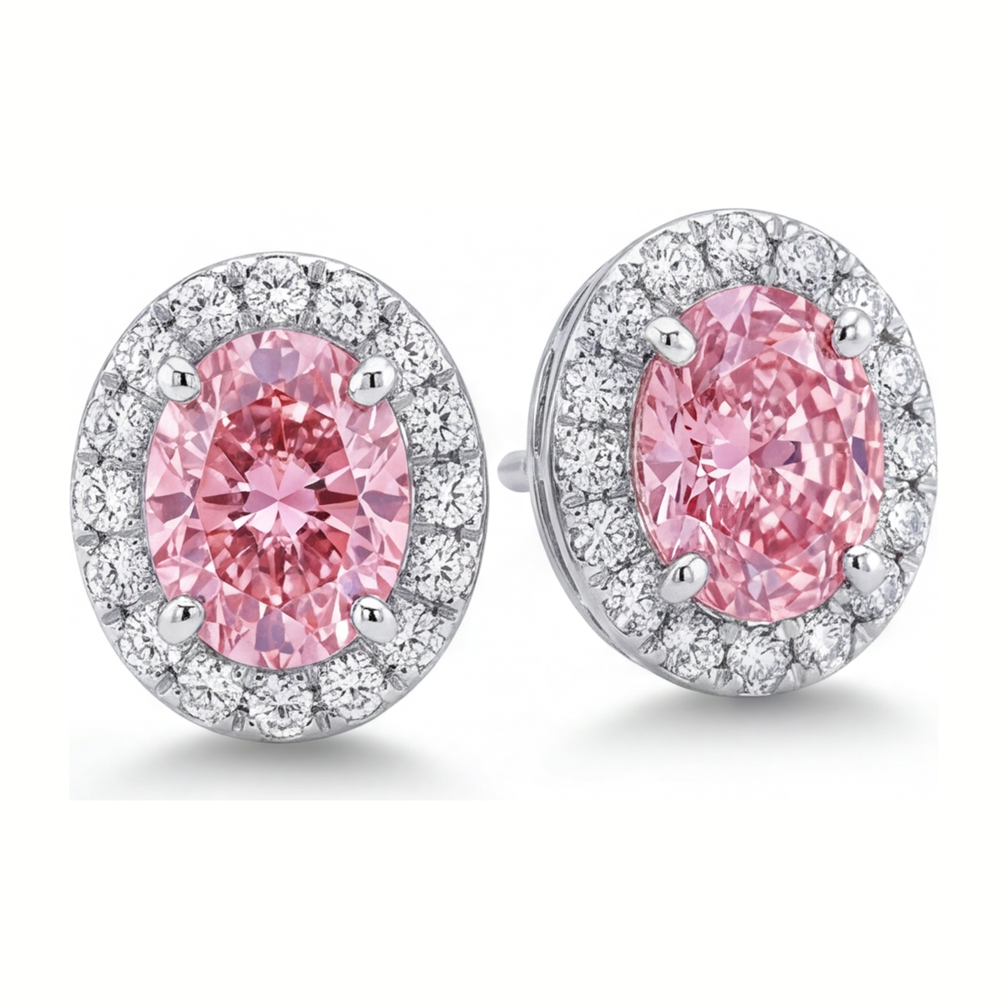 2.5 Carat Oval Pink Lab Grown Diamond and White Diamond Halo Earrings 14K White Gold