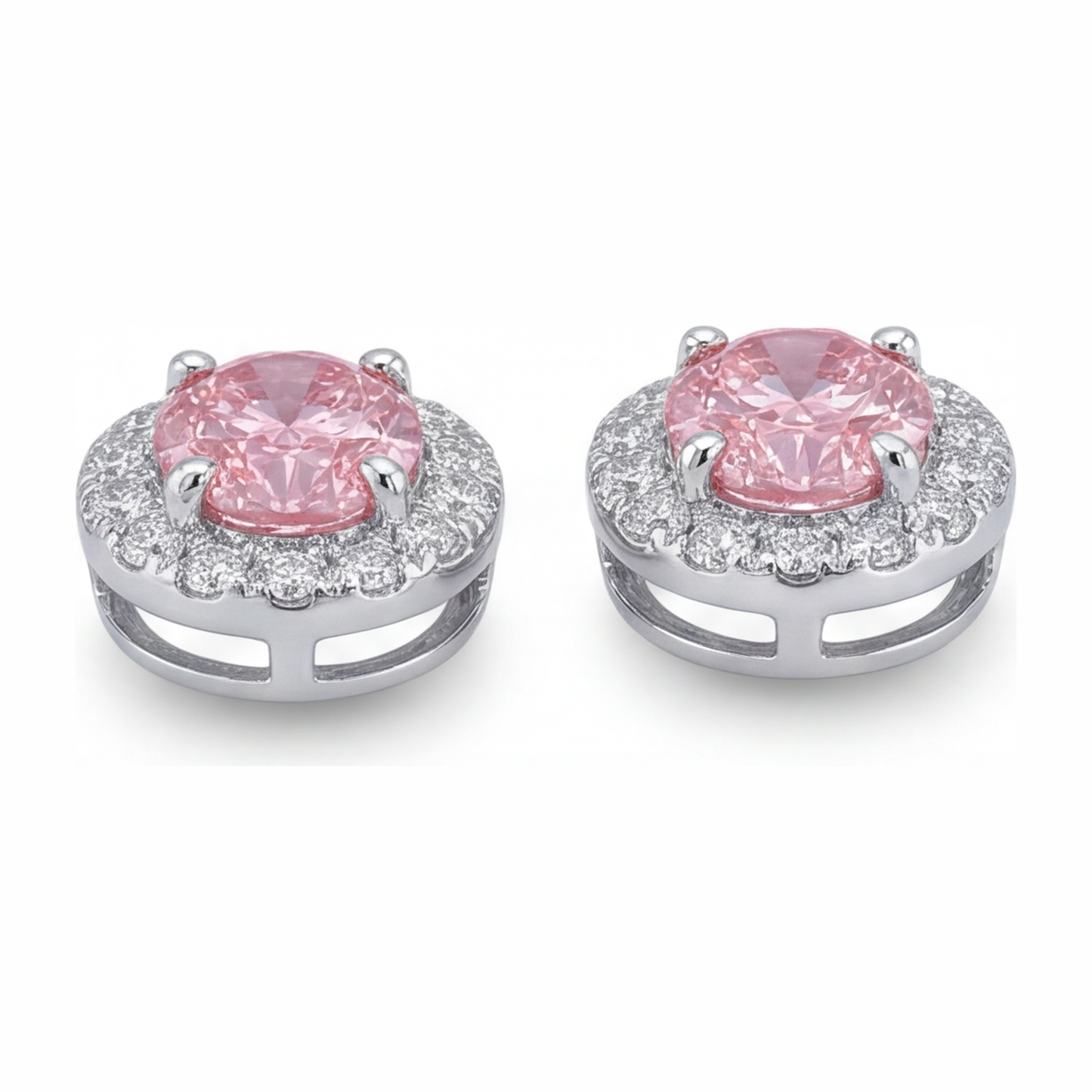 2.5 Carat Oval Pink Lab Grown Diamond and White Diamond Halo Earrings 14K White Gold