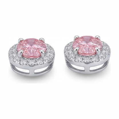 2.5 Carat Oval Pink Lab Grown Diamond and White Diamond Halo Earrings 14K White Gold