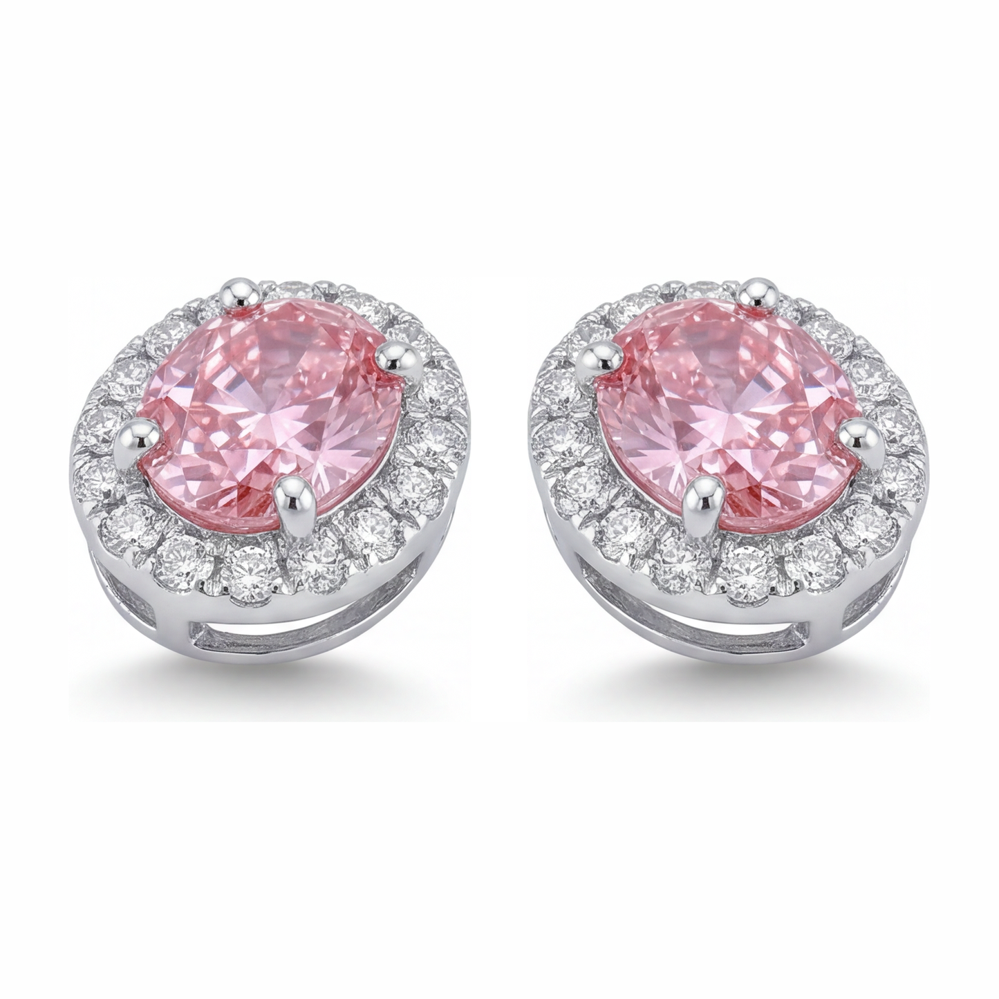 2.5 Carat Oval Pink Lab Grown Diamond and White Diamond Halo Earrings 14K White Gold