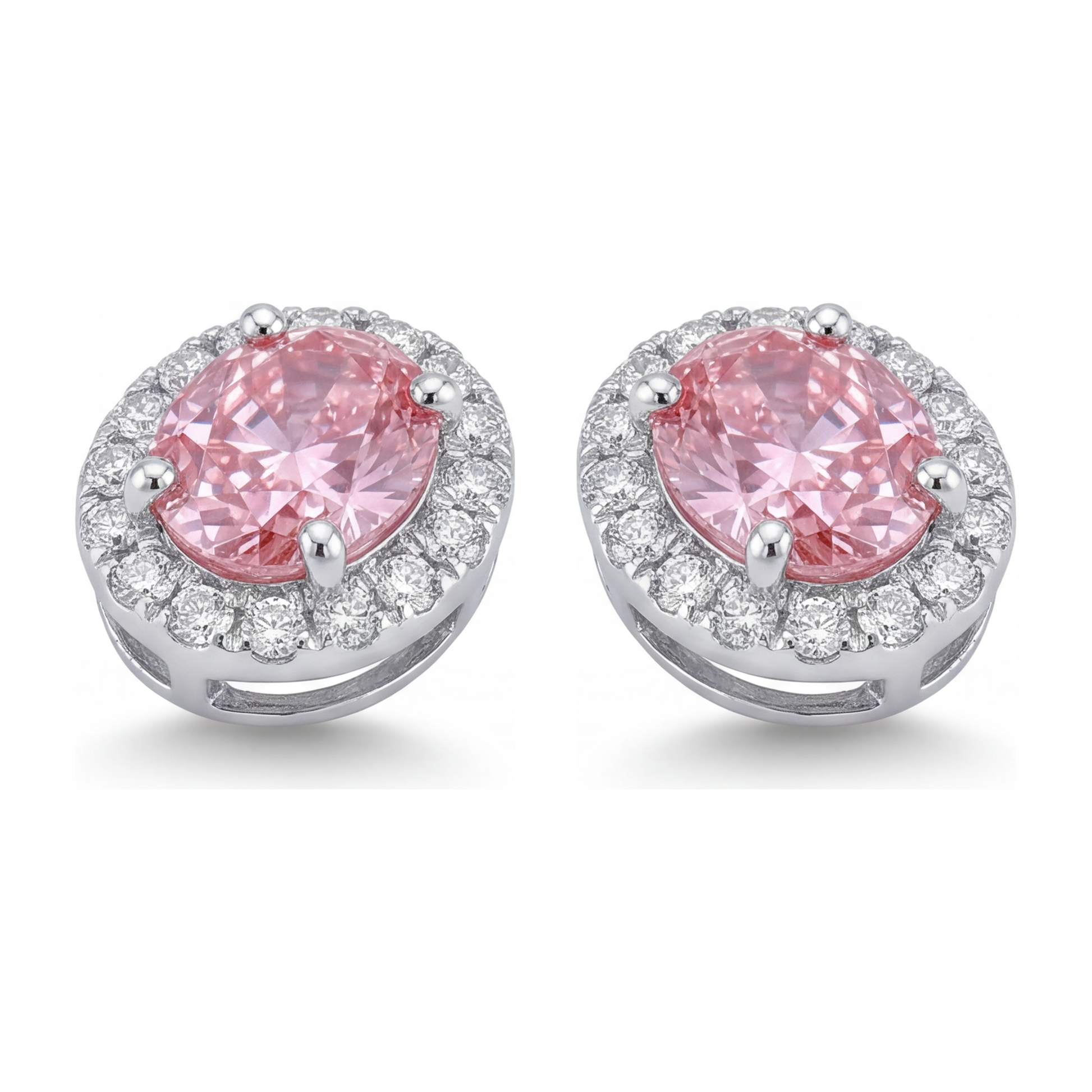 2.5 Carat Oval Pink Lab Grown Diamond and White Diamond Halo Earrings 14K White Gold