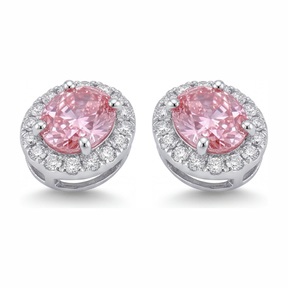 2.5 Carat Oval Pink Lab Grown Diamond and White Diamond Halo Earrings 14K White Gold