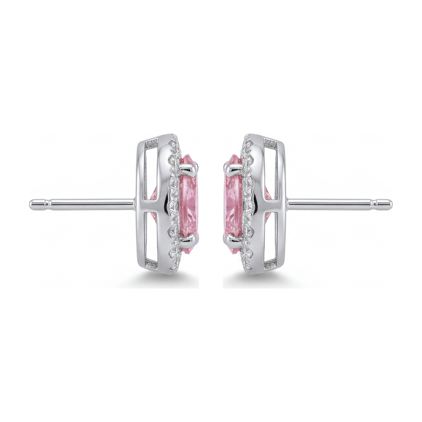 2.5 Carat Oval Pink Lab Grown Diamond and White Diamond Halo Earrings 14K White Gold