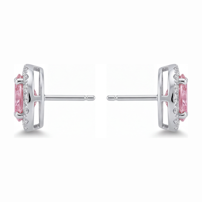 2.5 Carat Oval Pink Lab Grown Diamond and White Diamond Halo Earrings 14K White Gold