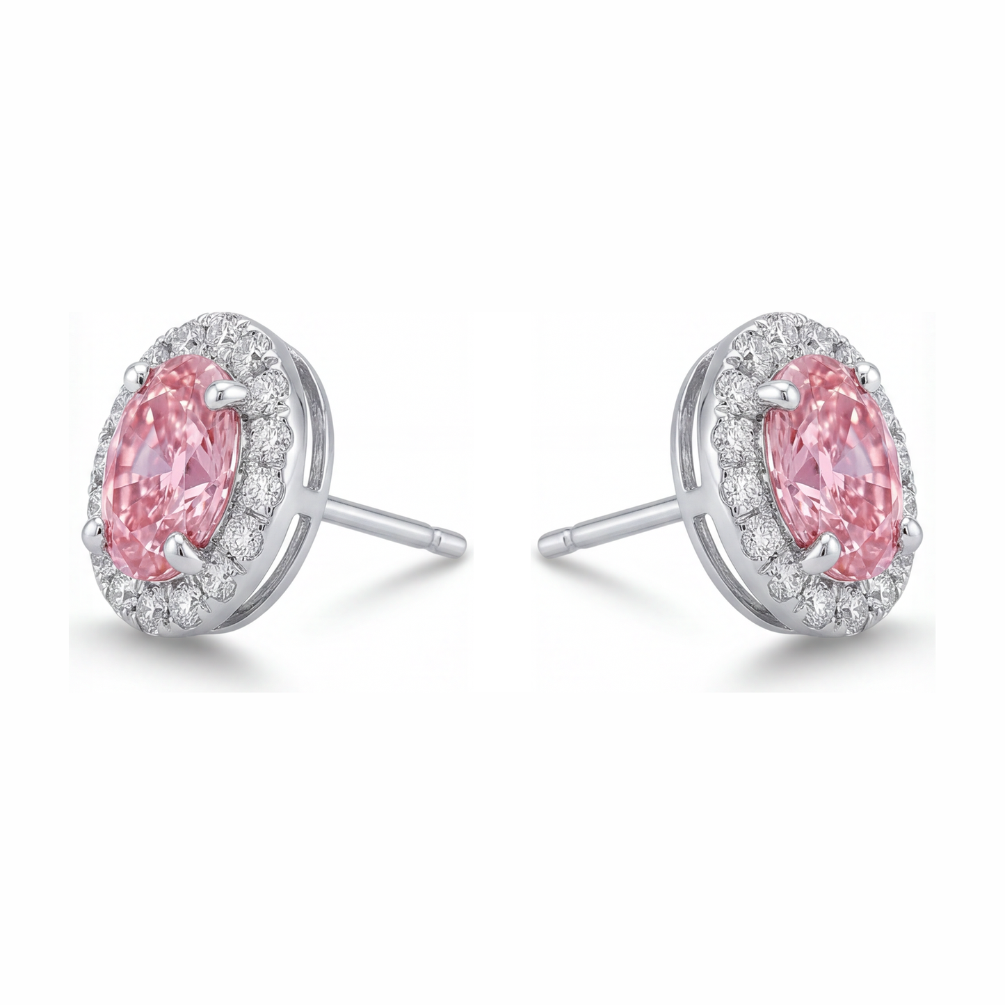 2.5 Carat Oval Pink Lab Grown Diamond and White Diamond Halo Earrings 14K White Gold