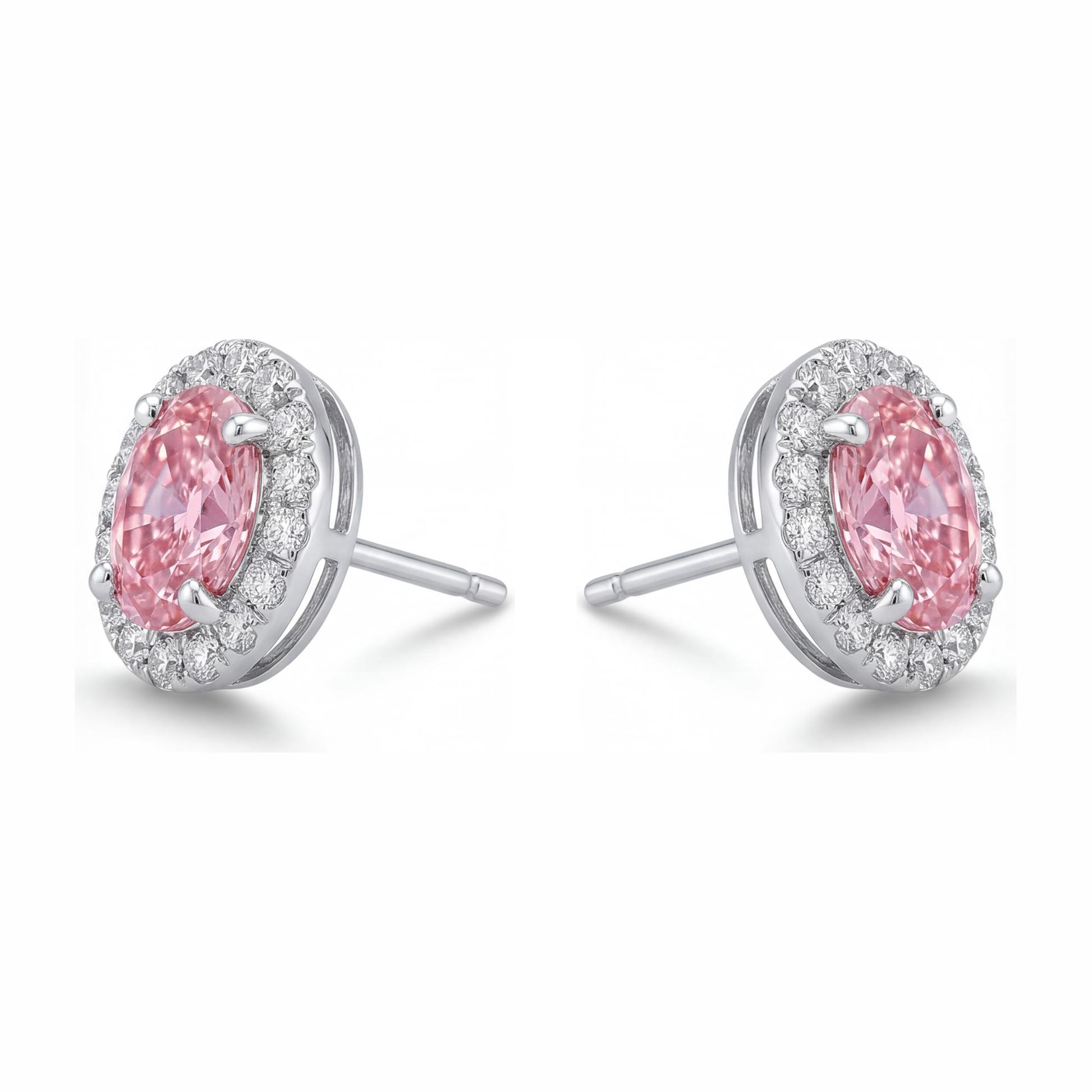 2.5 Carat Oval Pink Lab Grown Diamond and White Diamond Halo Earrings 14K White Gold