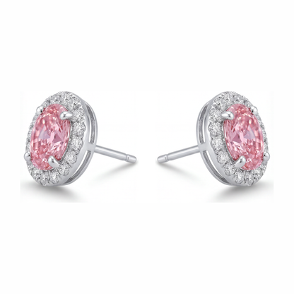 2.5 Carat Oval Pink Lab Grown Diamond and White Diamond Halo Earrings 14K White Gold