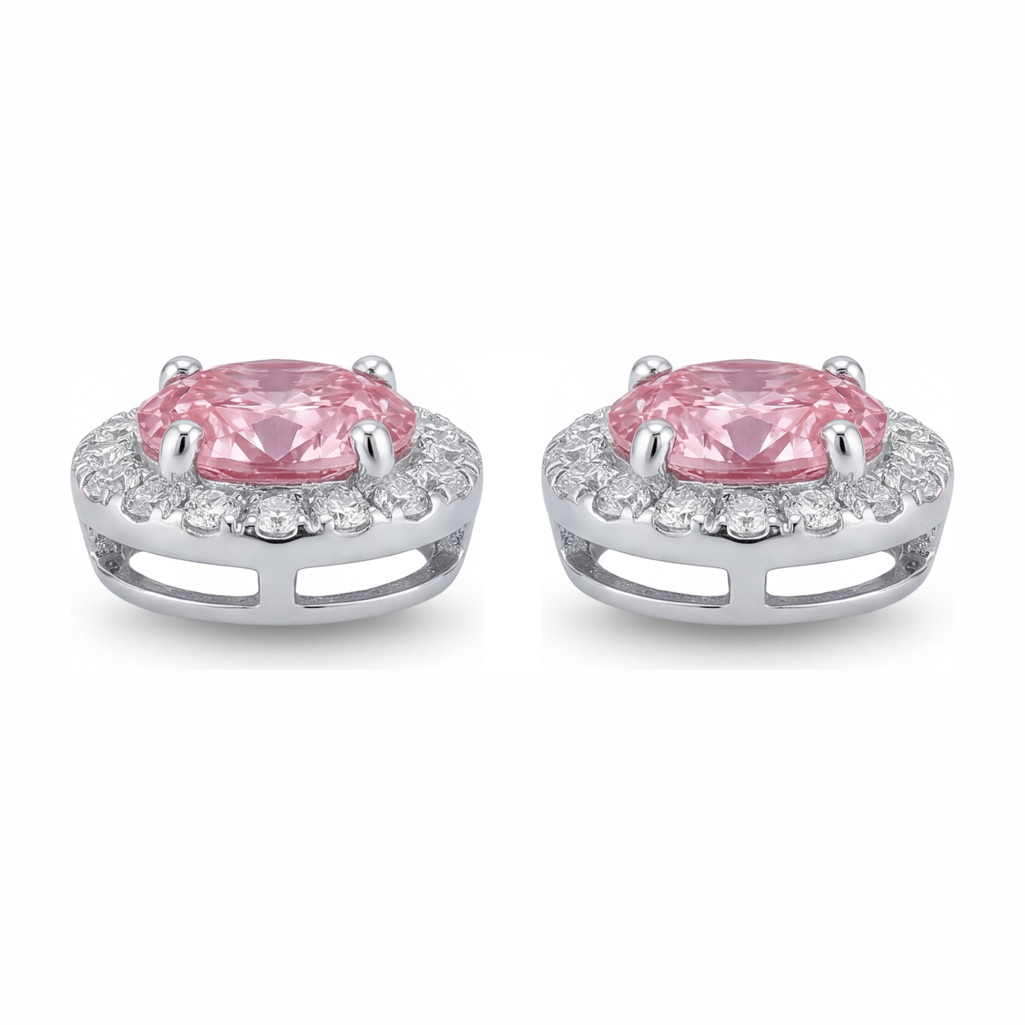 2.5 Carat Oval Pink Lab Grown Diamond and White Diamond Halo Earrings 14K White Gold