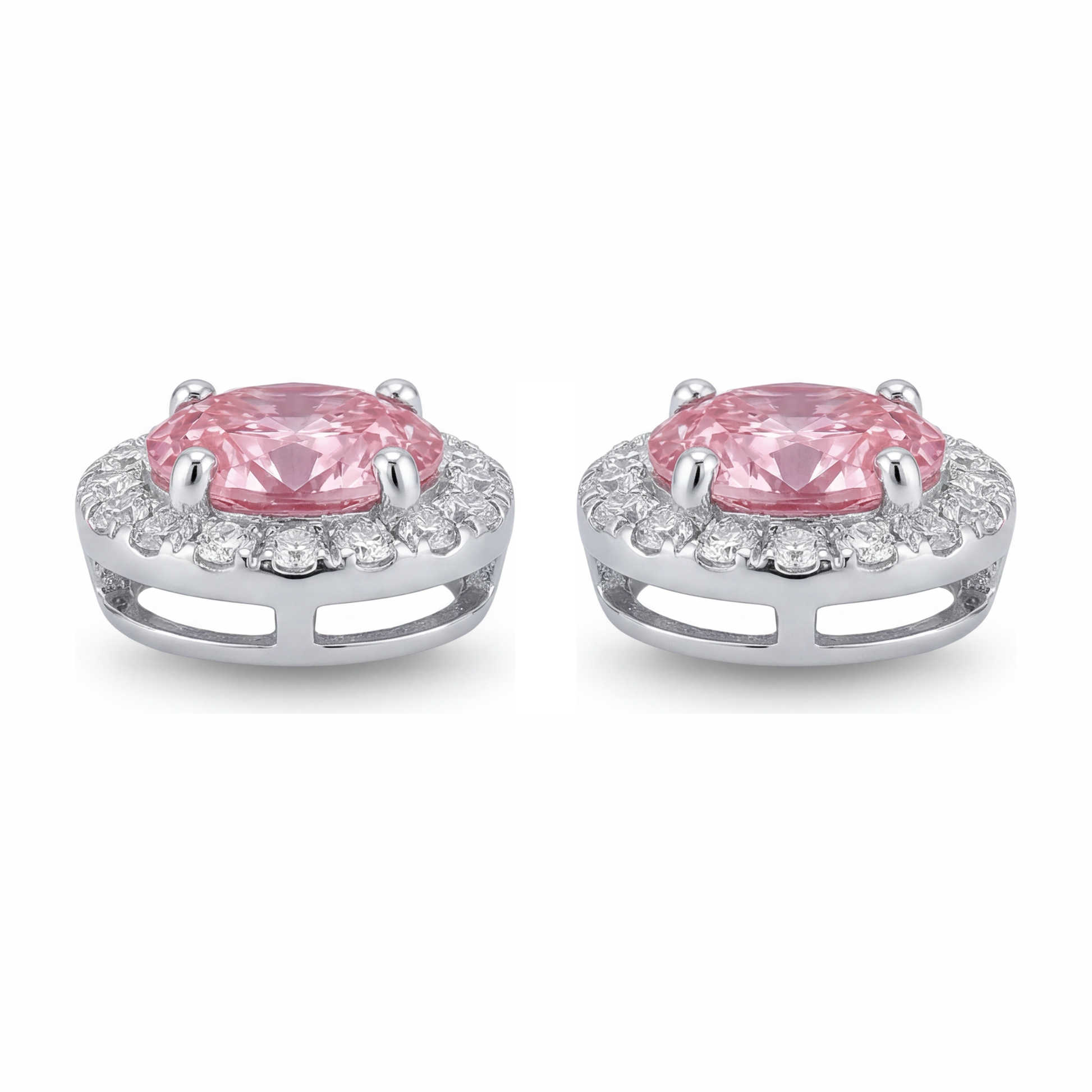 2.5 Carat Oval Pink Lab Grown Diamond and White Diamond Halo Earrings 14K White Gold