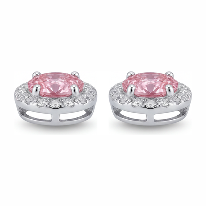 2.5 Carat Oval Pink Lab Grown Diamond and White Diamond Halo Earrings 14K White Gold