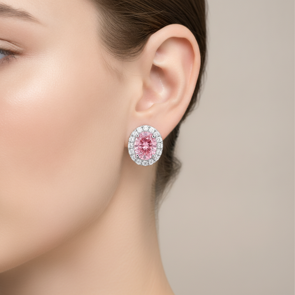 2.5 Carat Oval Pink Lab Grown Diamond and White Diamond Halo Earrings 14K White Gold worn