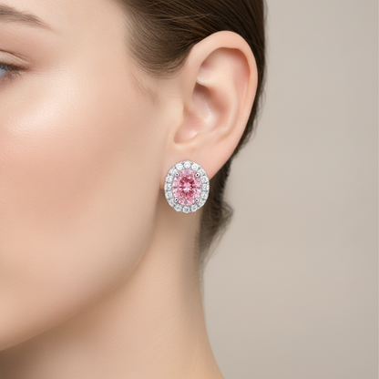 2.5 Carat Oval Pink Lab Grown Diamond and White Diamond Halo Earrings 14K White Gold worn