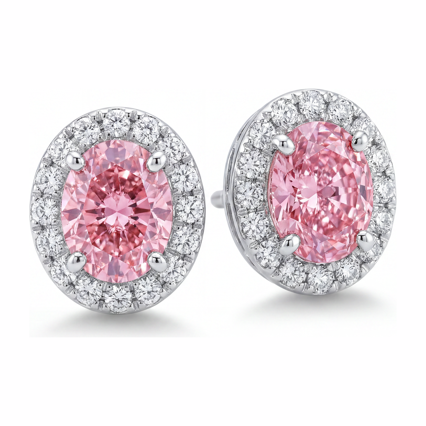 2.5 Carat Oval Pink Lab Grown Diamond and White Diamond Halo Earrings 14K White Gold