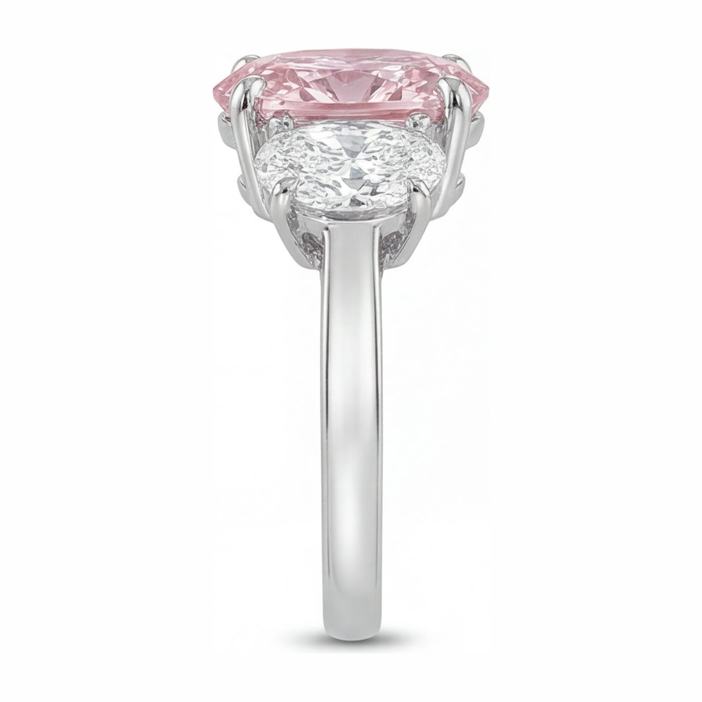 2.5 Carat Oval Pink Lab Grown Diamond and White Diamond Three Stone Ring 14K White Gold