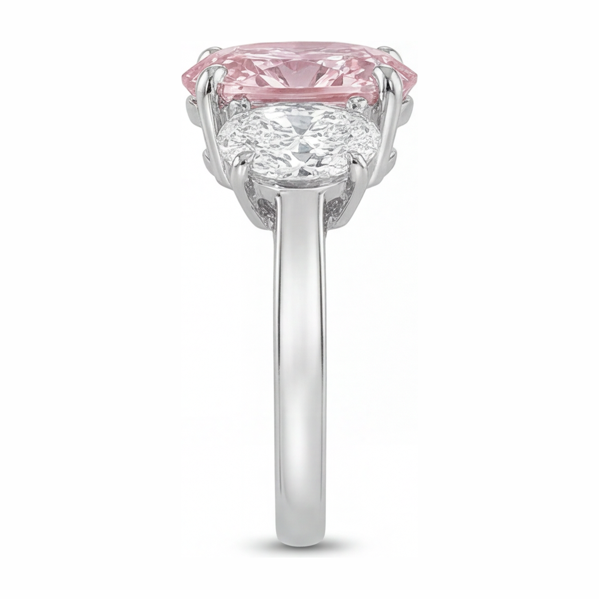 2.5 Carat Oval Pink Lab Grown Diamond and White Diamond Three Stone Ring 14K White Gold