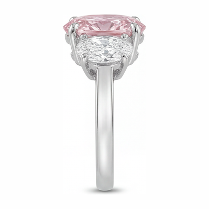 2.5 Carat Oval Pink Lab Grown Diamond and White Diamond Three Stone Ring 14K White Gold