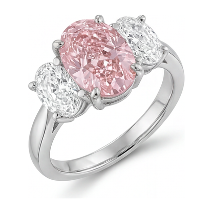 2.5 Carat Oval Pink Lab Grown Diamond and White Diamond Three Stone Ring 14K White Gold
