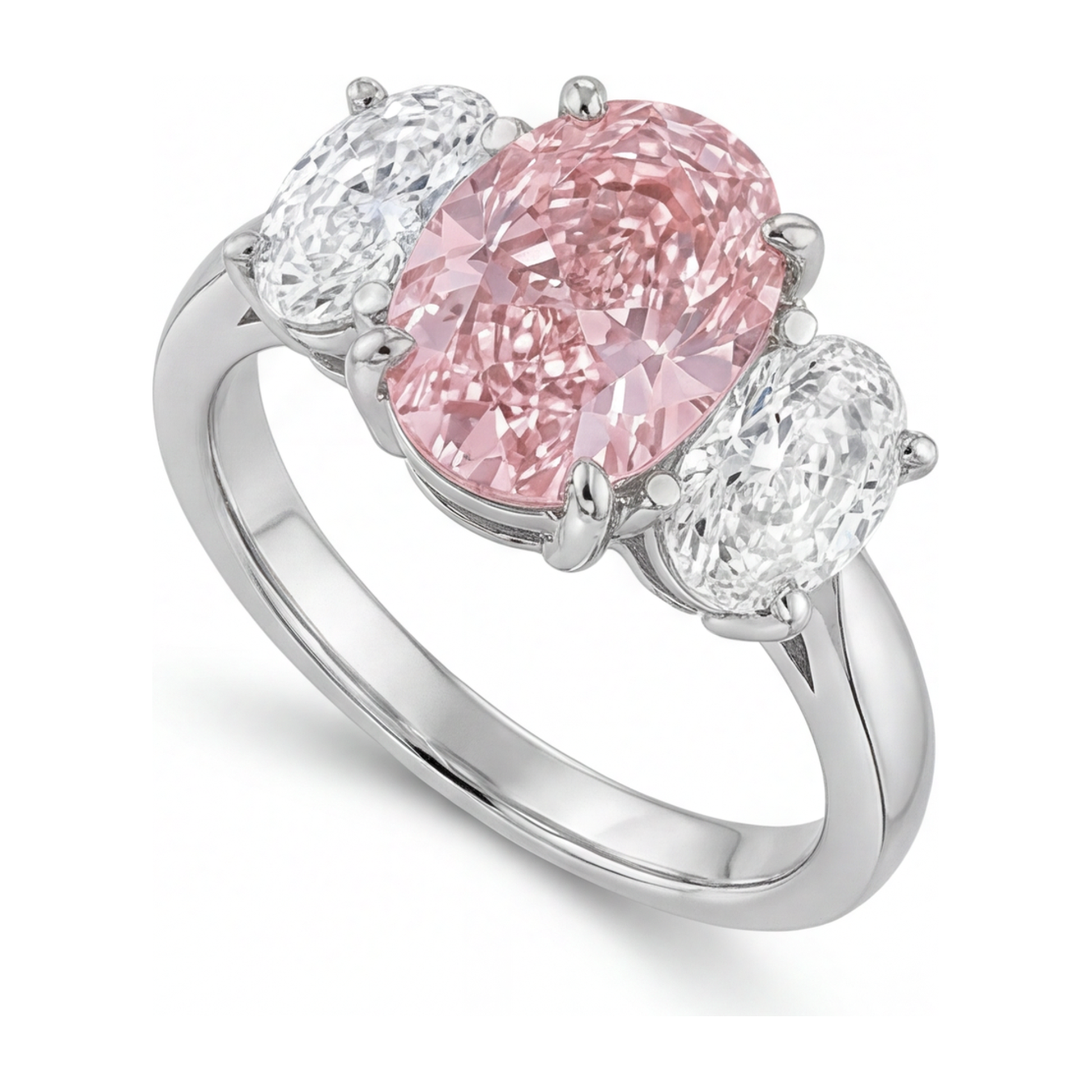 2.5 Carat Oval Pink Lab Grown Diamond and White Diamond Three Stone Ring 14K White Gold