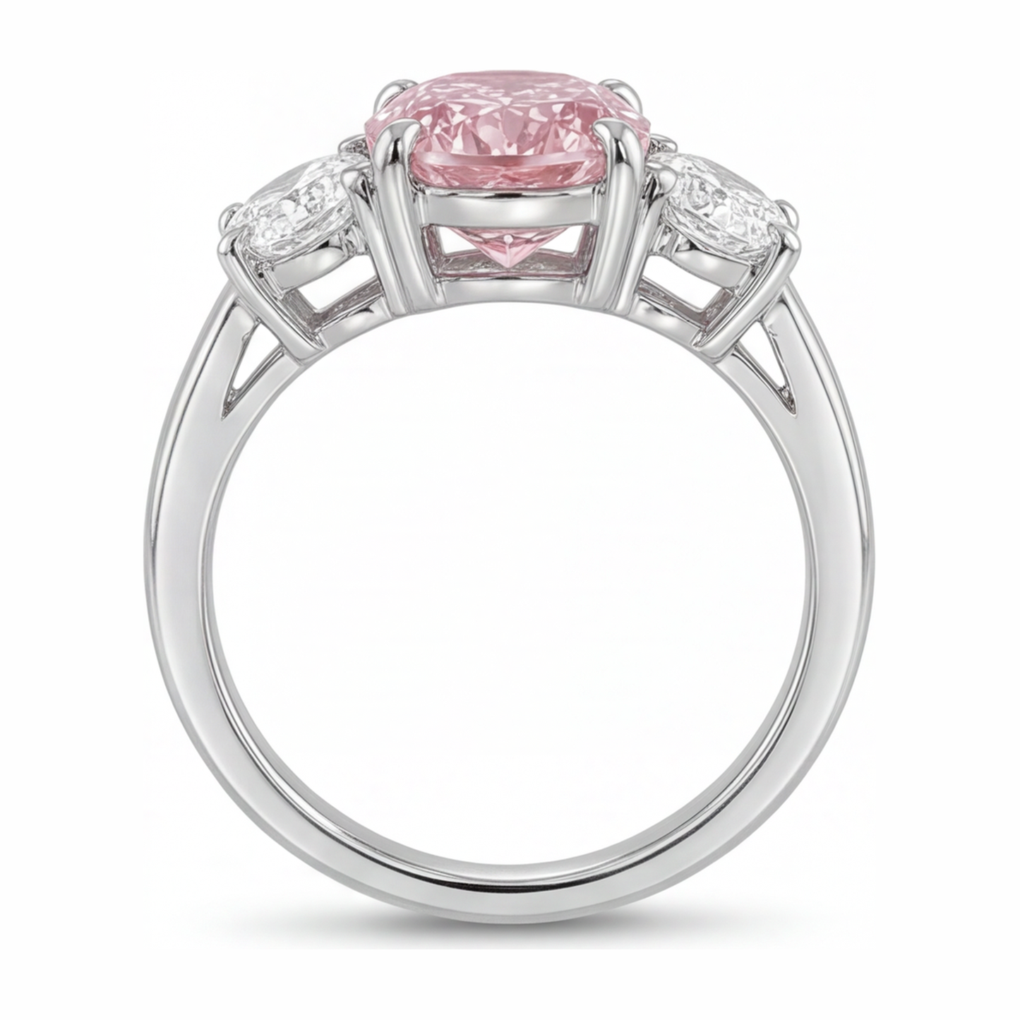 2.5 Carat Oval Pink Lab Grown Diamond and White Diamond Three Stone Ring 14K White Gold