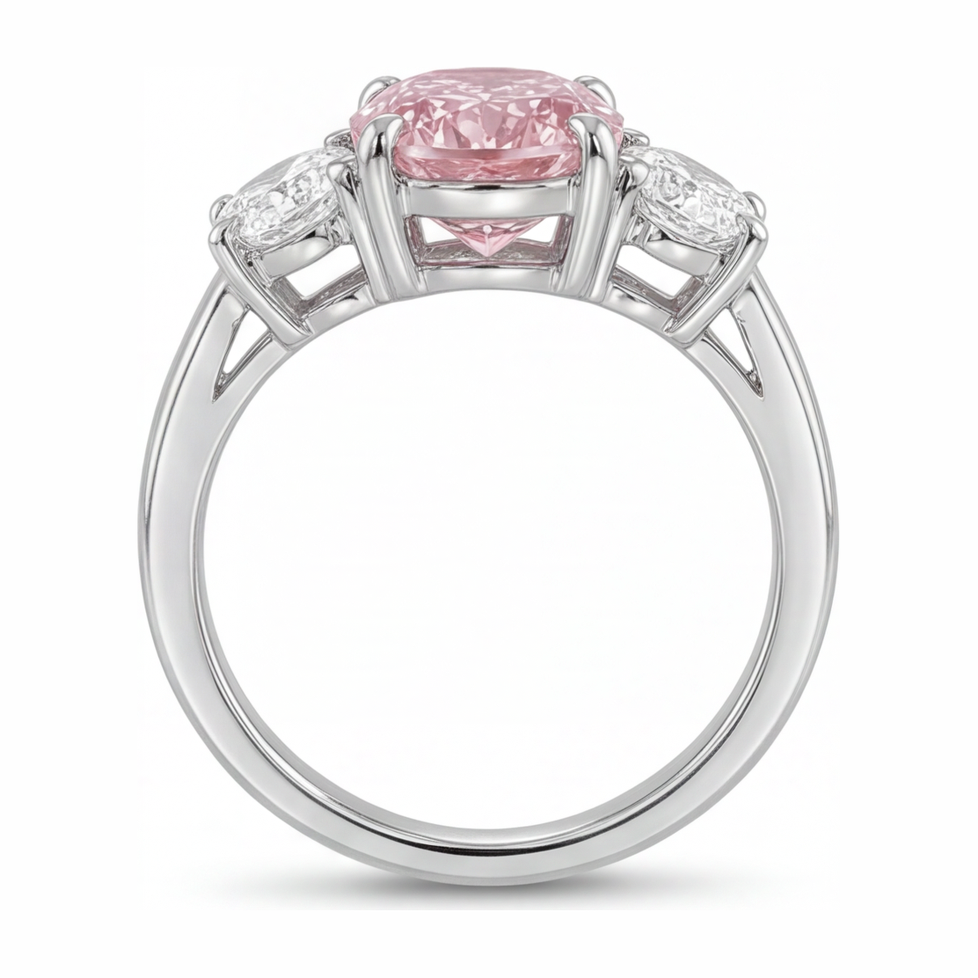 2.5 Carat Oval Pink Lab Grown Diamond and White Diamond Three Stone Ring 14K White Gold