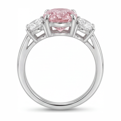 2.5 Carat Oval Pink Lab Grown Diamond and White Diamond Three Stone Ring 14K White Gold