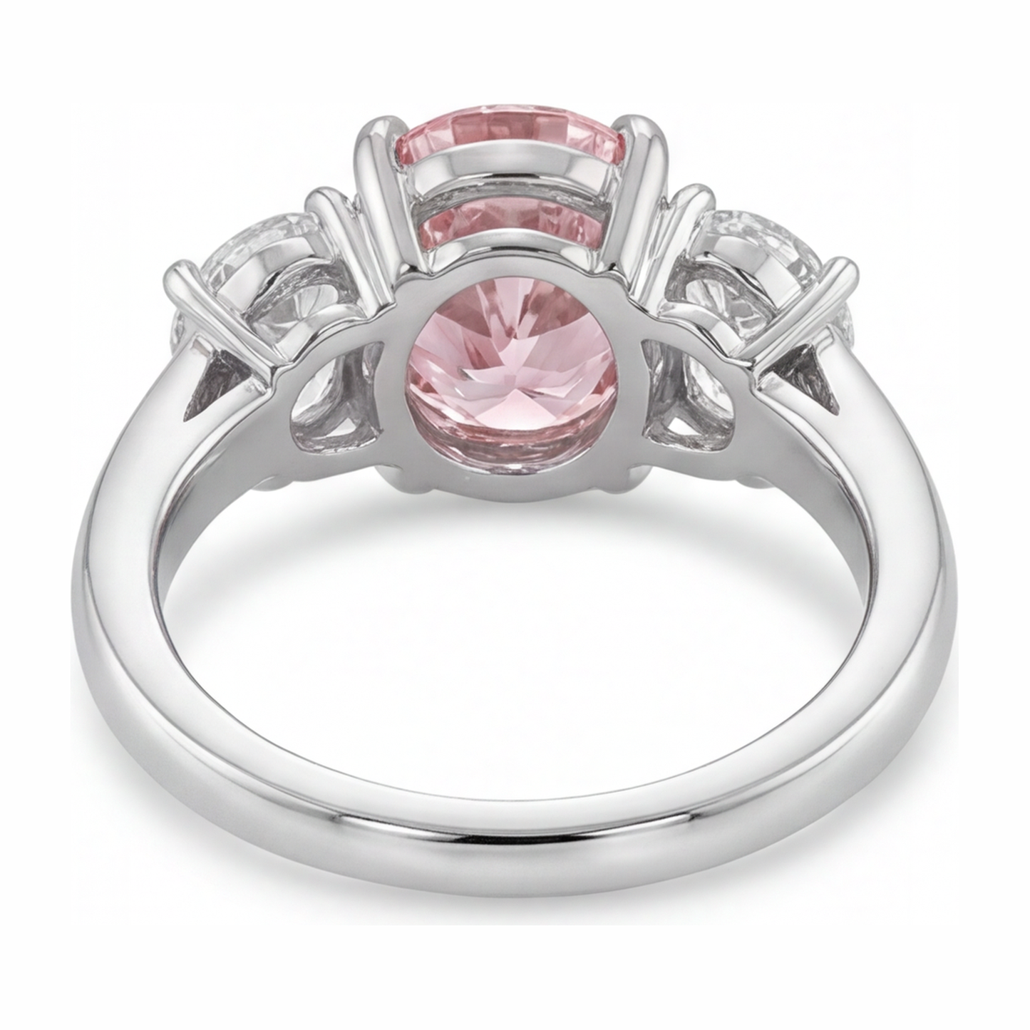 2.5 Carat Oval Pink Lab Grown Diamond and White Diamond Three Stone Ring 14K White Gold