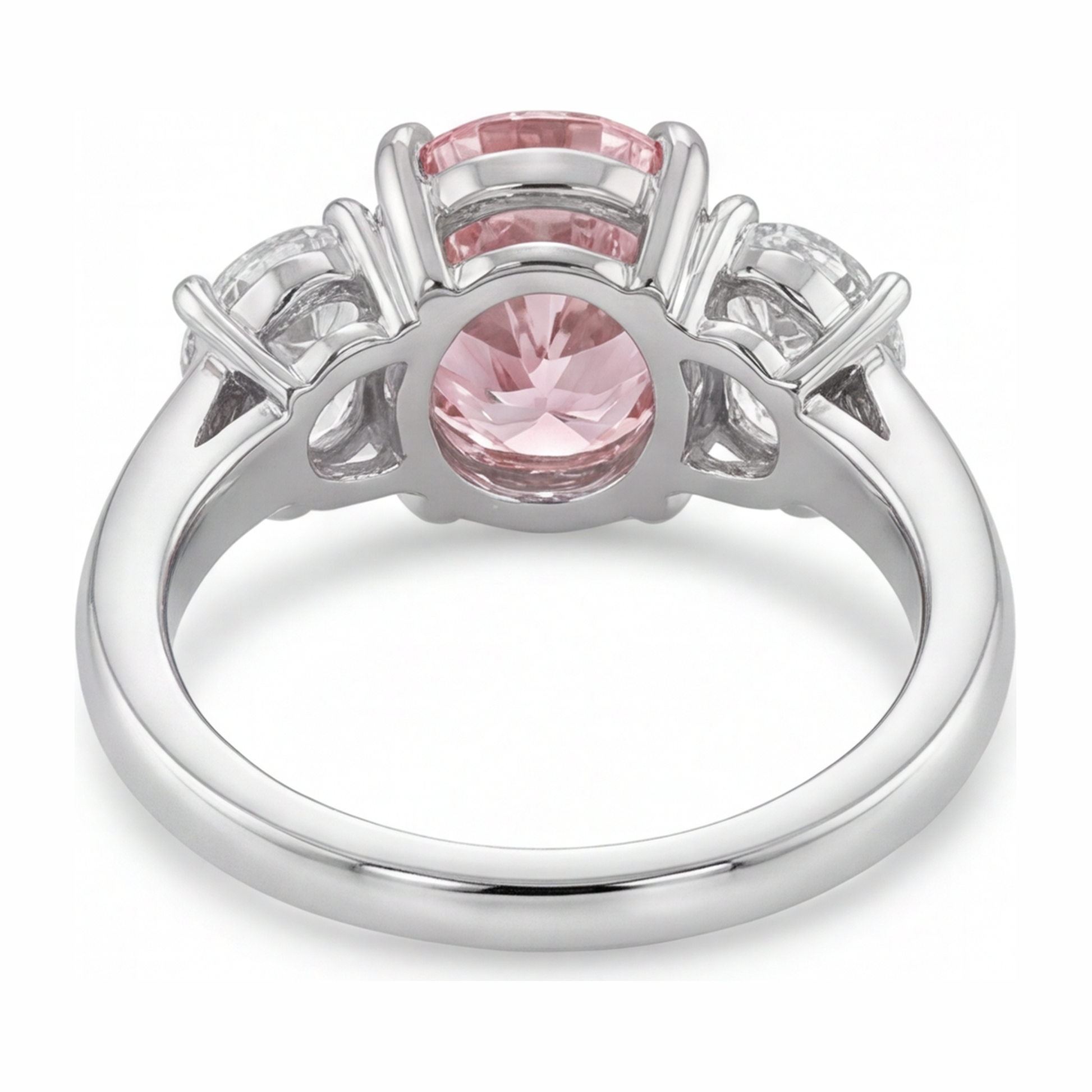 2.5 Carat Oval Pink Lab Grown Diamond and White Diamond Three Stone Ring 14K White Gold