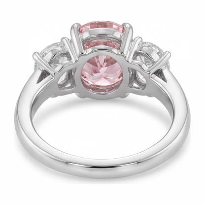 2.5 Carat Oval Pink Lab Grown Diamond and White Diamond Three Stone Ring 14K White Gold