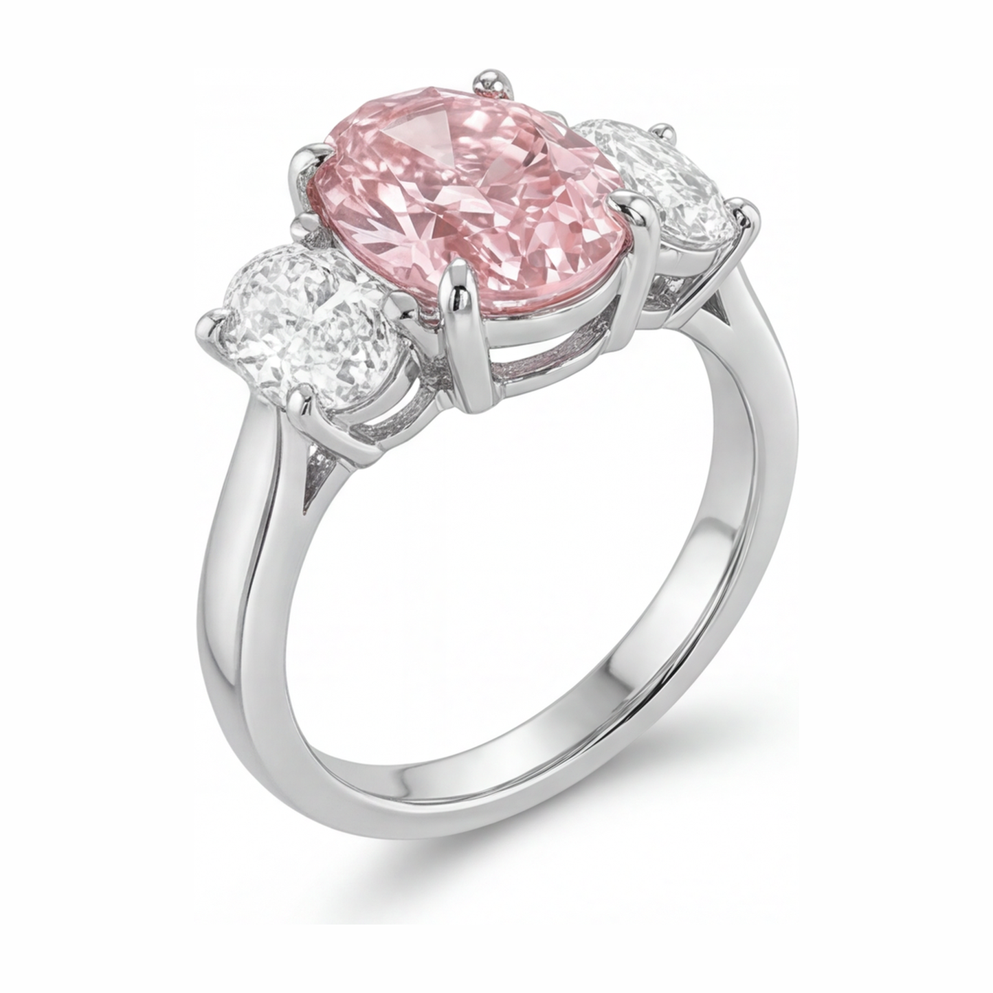 2.5 Carat Oval Pink Lab Grown Diamond and White Diamond Three Stone Ring 14K White Gold