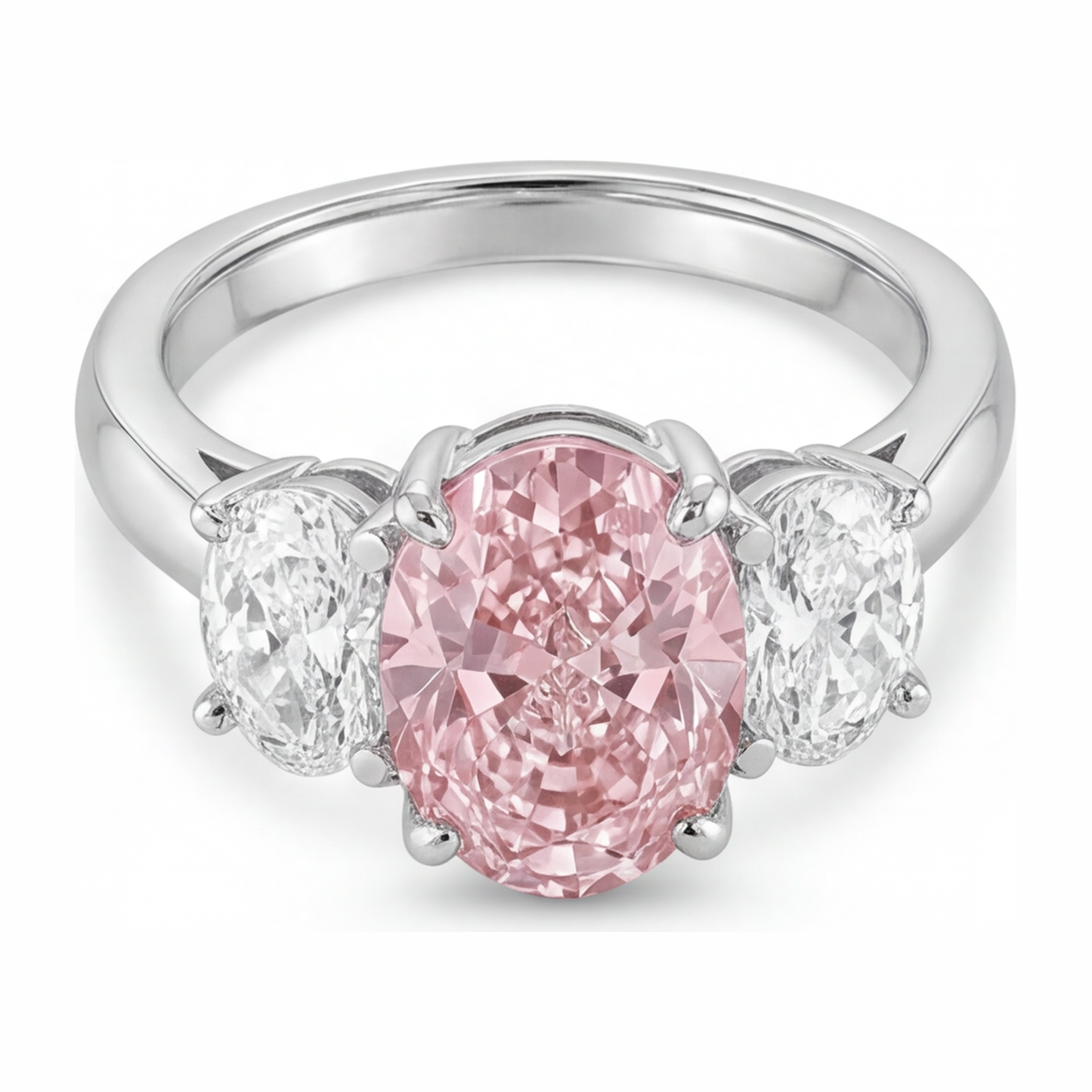 2.5 Carat Oval Pink Lab Grown Diamond and White Diamond Three Stone Ring 14K White Gold