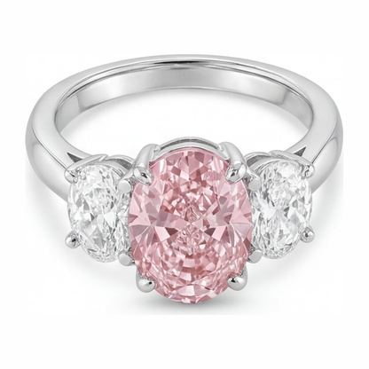 2.5 Carat Oval Pink Lab Grown Diamond and White Diamond Three Stone Ring 14K White Gold