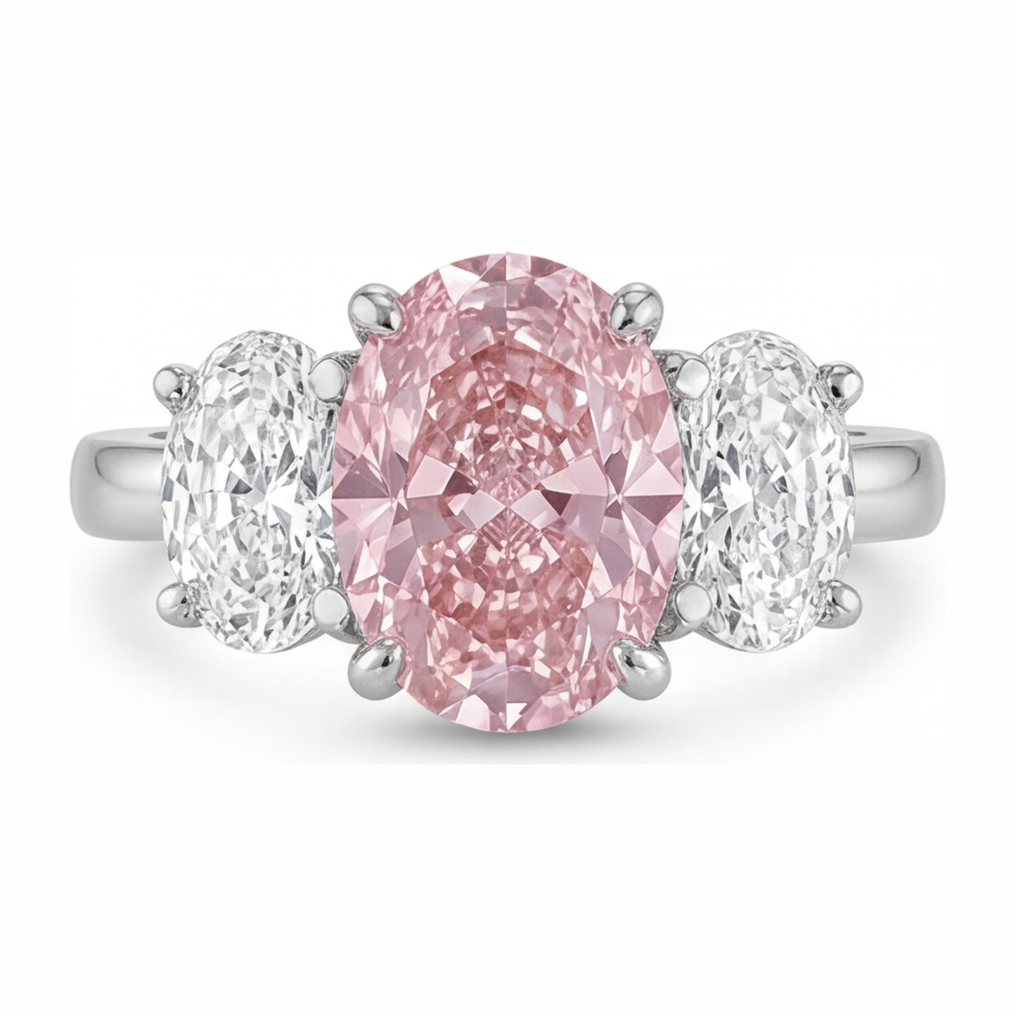 2.5 Carat Oval Pink Lab Grown Diamond and White Diamond Three Stone Ring 14K White Gold