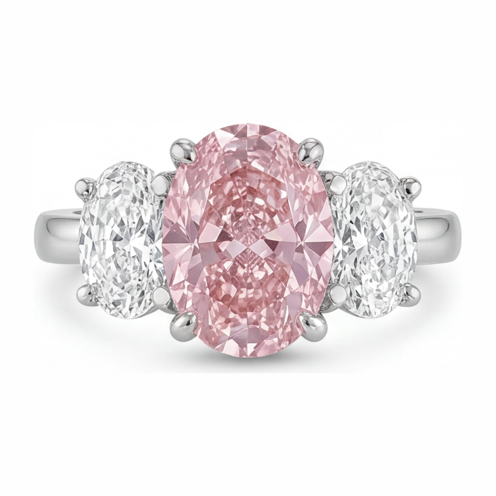 2.5 Carat Oval Pink Lab Grown Diamond and White Diamond Three Stone Ring 14K White Gold