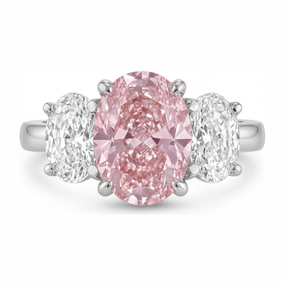 2.5 Carat Oval Pink Lab Grown Diamond and White Diamond Three Stone Ring 14K White Gold