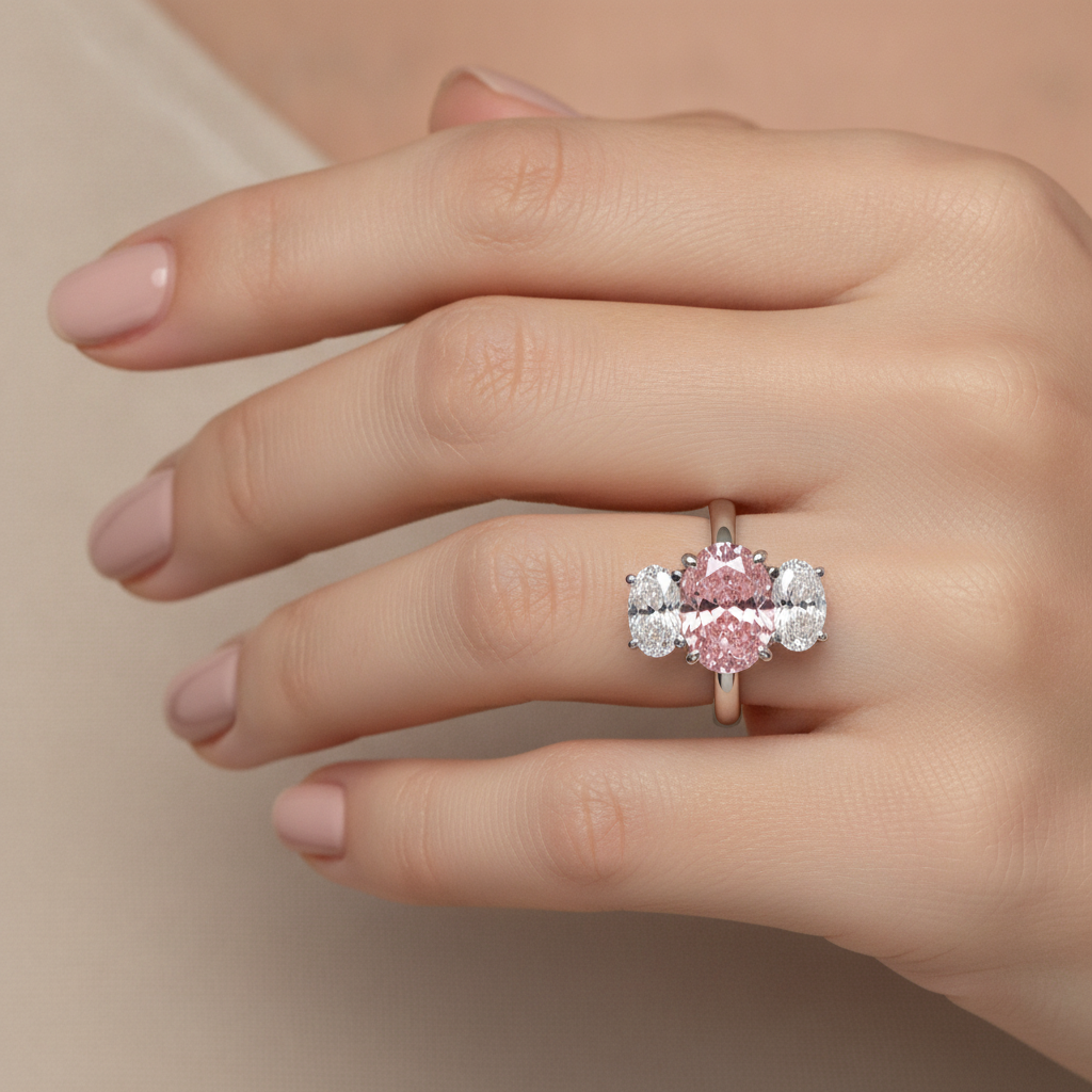 2.5 Carat Oval Pink Lab Grown Diamond and White Diamond Three Stone Ring 14K White Gold worn