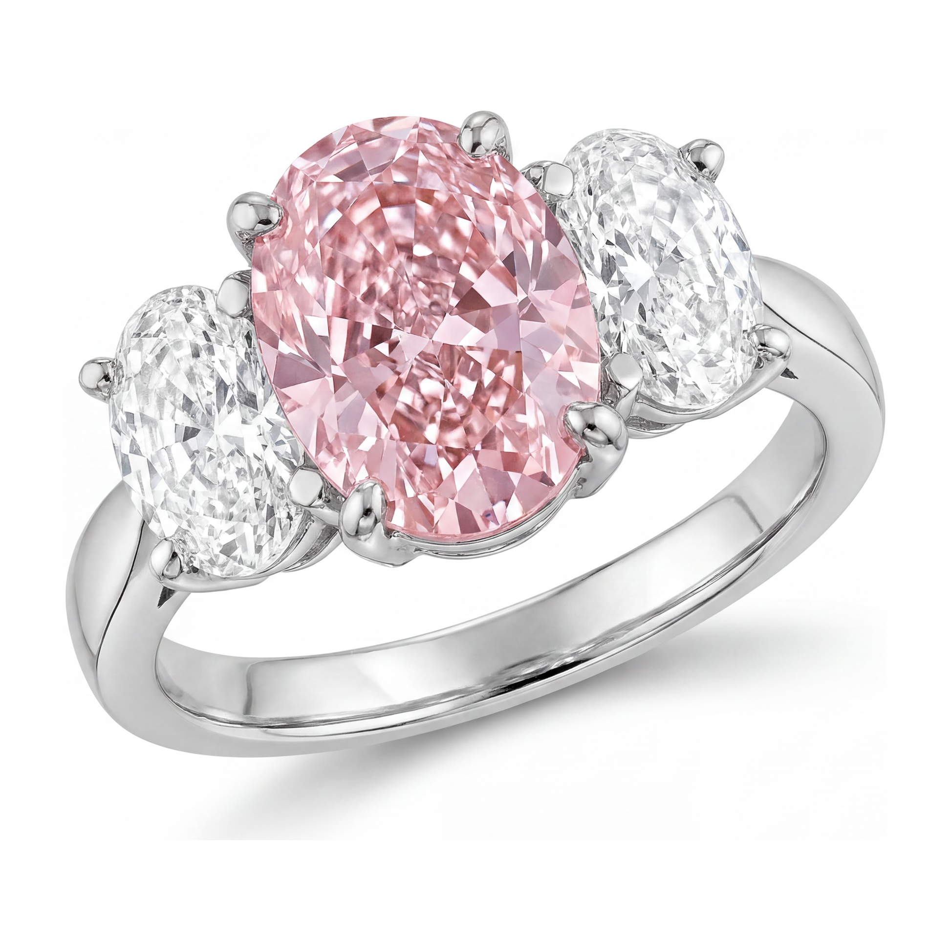 2.5 Carat Oval Pink Lab Grown Diamond and White Diamond Three Stone Ring 14K White Gold