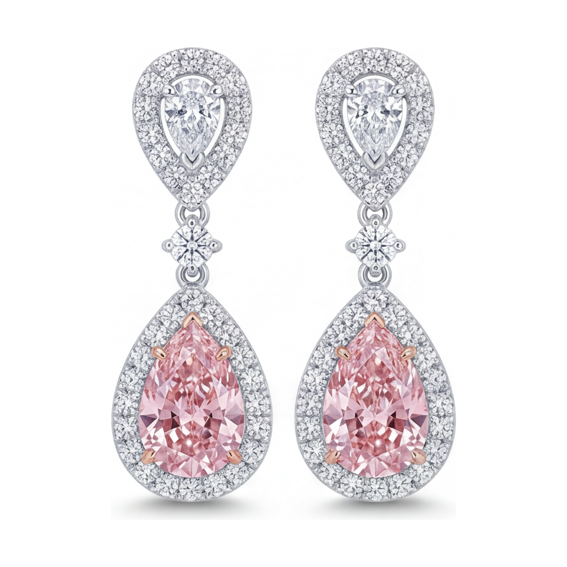 2.5 Carat Pear Pink Lab Grown Diamond and White Diamond Halo Earrings 14K White Gold