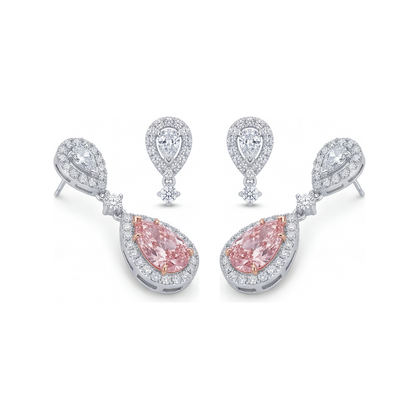 2.5 Carat Pear Pink Lab Grown Diamond and White Diamond Halo Earrings 14K White Gold