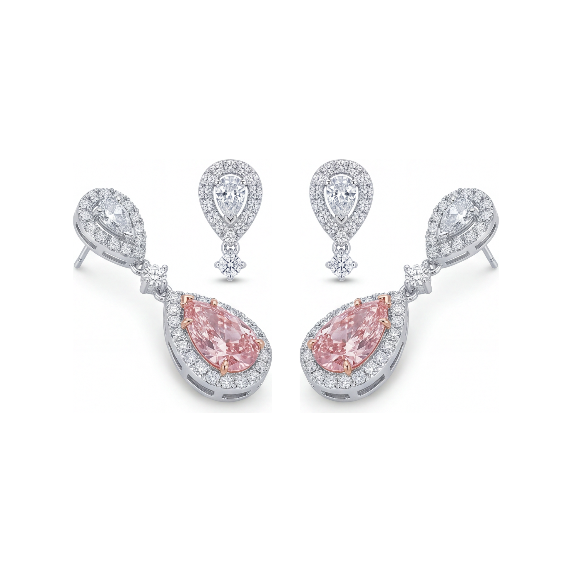 2.5 Carat Pear Pink Lab Grown Diamond and White Diamond Halo Earrings 14K White Gold